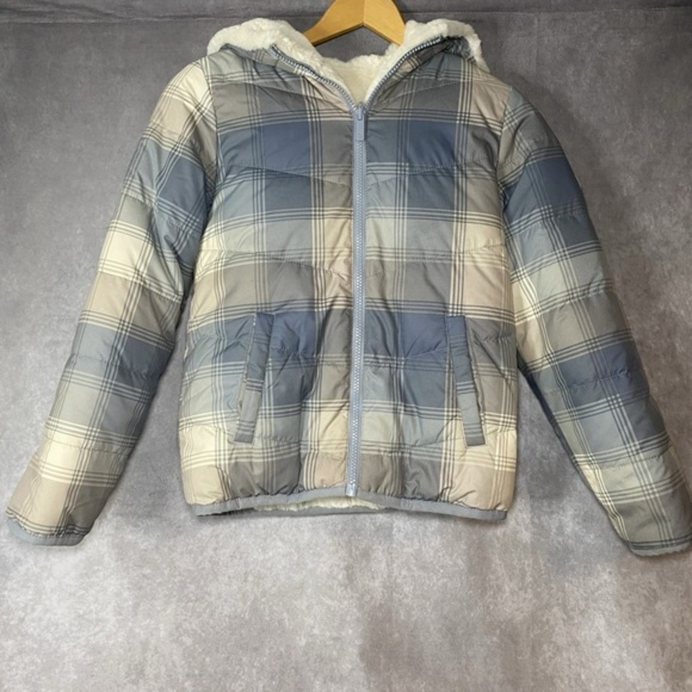 Abercrombie Kids Girls 9-10 Preppy Jacket Faux‎ Fur Gray Plaid Plush Reversible